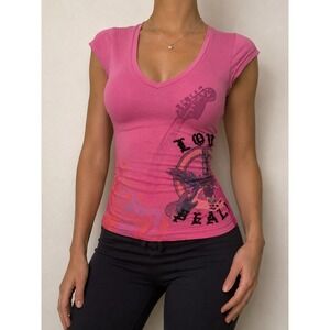 RAW Women's Pink Graphic V-Neck Modal T-Shirt Guitar Love Size (S)